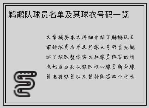 鹈鹕队球员名单及其球衣号码一览