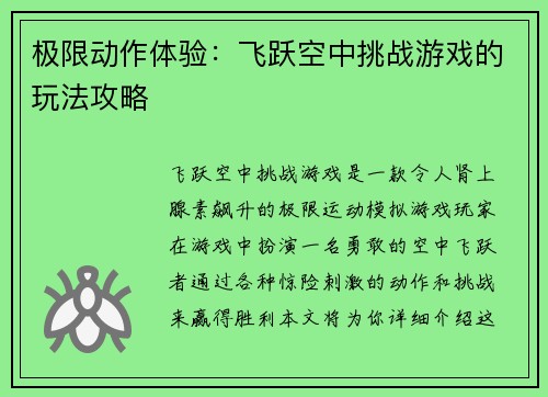 极限动作体验：飞跃空中挑战游戏的玩法攻略